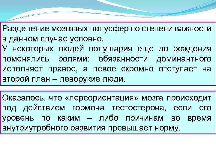 Разделение мозговых полусфер по степени важности в данном случае условно. У некоторых людей полушария