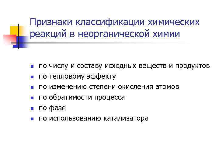 Признаки классификации химических реакций в неорганической химии n n n по по по числу
