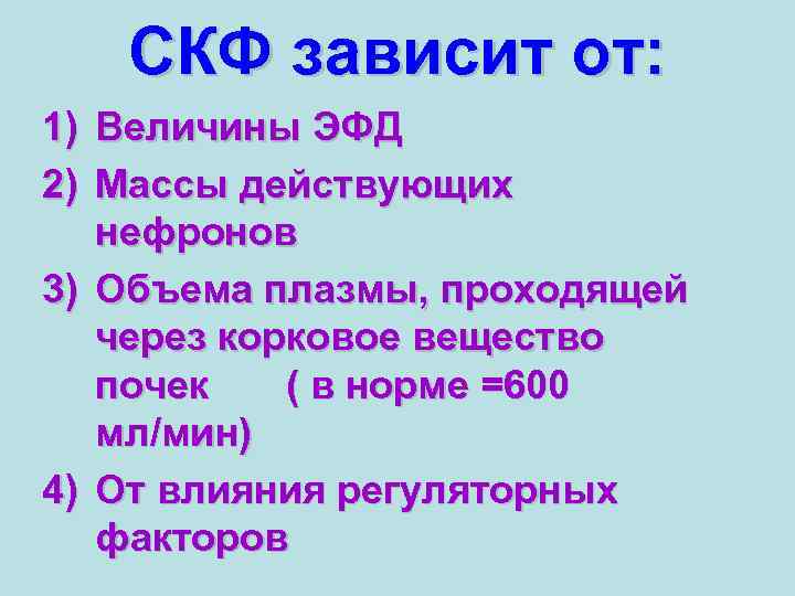 СКФ зависит от: 1) 2) Величины ЭФД Массы действующих нефронов 3) Объема плазмы, проходящей