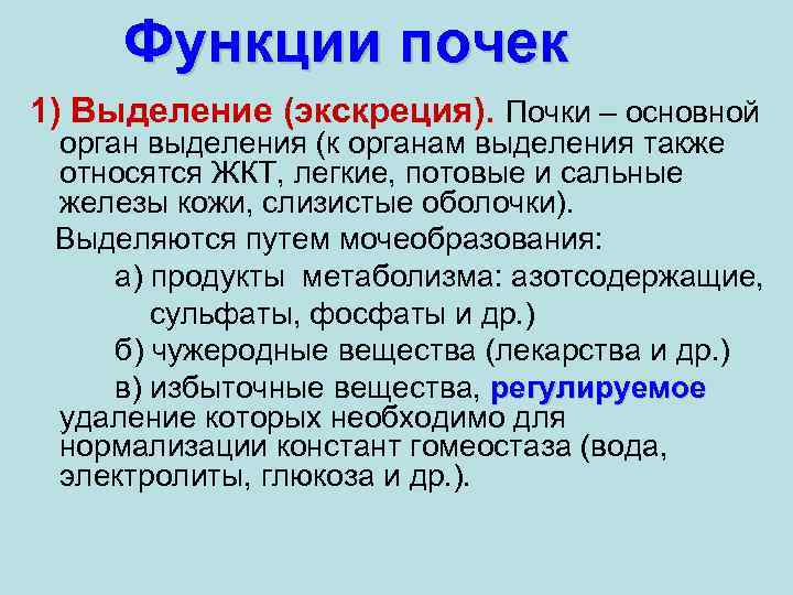 Функции почек 1) Выделение (экскреция). Почки – основной орган выделения (к органам выделения также