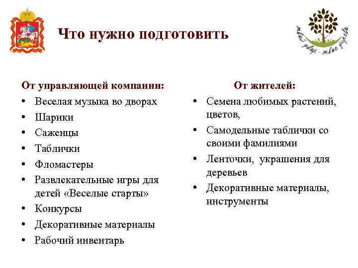 Что нужно подготовить От управляющей компании: • Веселая музыка во дворах • Шарики •