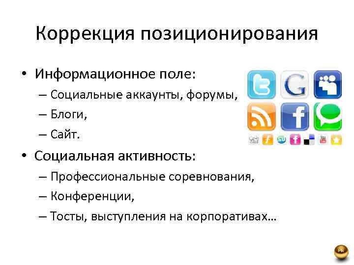 Коррекция позиционирования • Информационное поле: – Социальные аккаунты, форумы, – Блоги, – Сайт. •