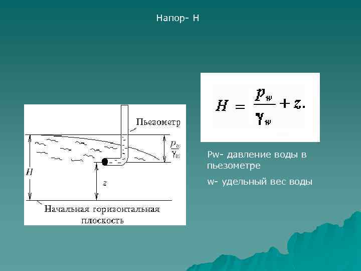 Напор н м. Давление и напор воды. Напор воды формула. Полный напор формула. Давление в пьезометре.