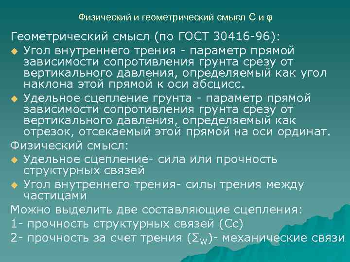 Физический и геометрический смысл C и φ Геометрический смысл (по ГОСТ 30416 -96): u