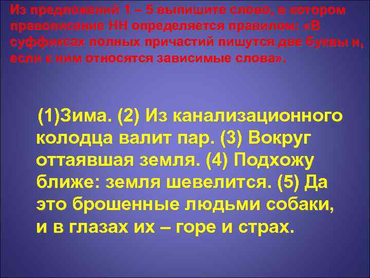 Из предложений 1 – 5 выпишите слово, в котором правописание НН определяется правилом: «В
