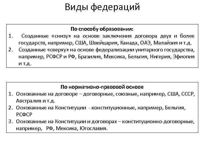 Виды федераций 1. 2. По способу образования: Созданные «снизу» на основе заключения договора двух