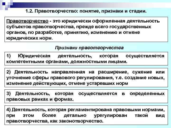 1. 2. Правотворчество: понятие, признаки и стадии. Правотворчество - это юридически оформленная деятельность субъектов