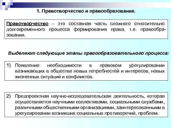 1. Правотворчество и правообразование. Правотворчество – это составная часть сложного относительно долговременного процесса формирования