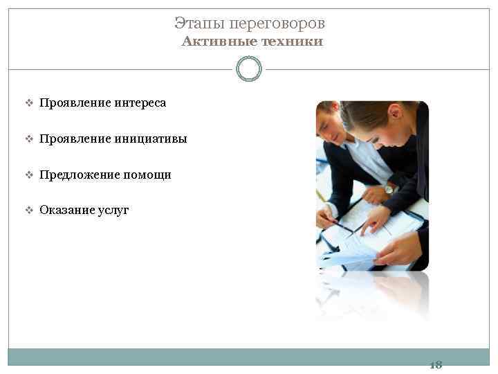 Этапы переговоров Активные техники v Проявление интереса v Проявление инициативы v Предложение помощи v
