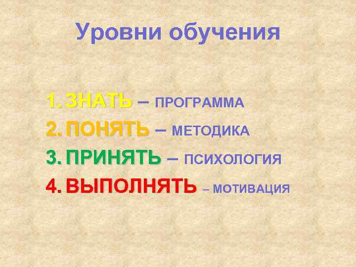 Уровни обучения 1. ЗНАТЬ – ПРОГРАММА 2. ПОНЯТЬ – МЕТОДИКА 3. ПРИНЯТЬ – ПСИХОЛОГИЯ