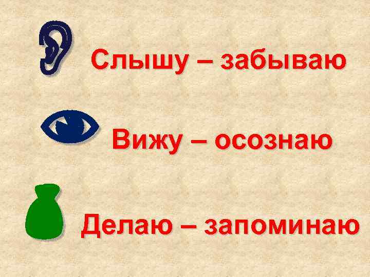  Слышу – забываю Вижу – осознаю Делаю – запоминаю 