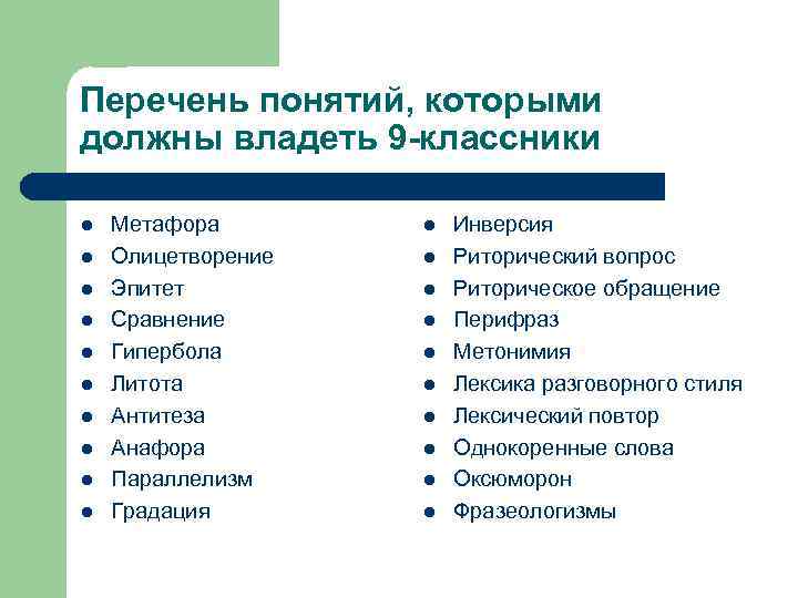 Перечень понятий, которыми должны владеть 9 -классники l l l l l Метафора Олицетворение