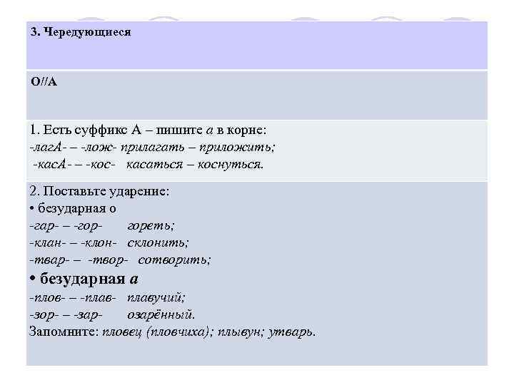 3. Чередующиеся О//А 1. Есть суффикс А – пишите а в корне: лаг. А