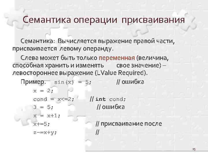 Семантика операции присваивания Семантика: Вычисляется выражение правой части, присваивается левому операнду. Слева может быть