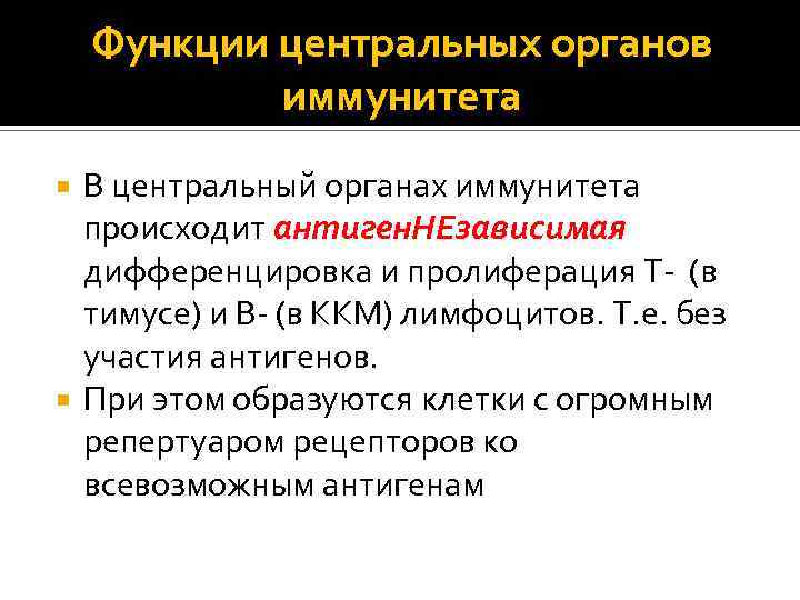 Функции центральных органов иммунитета В центральный органах иммунитета происходит антиген. НЕзависимая дифференцировка и пролиферация