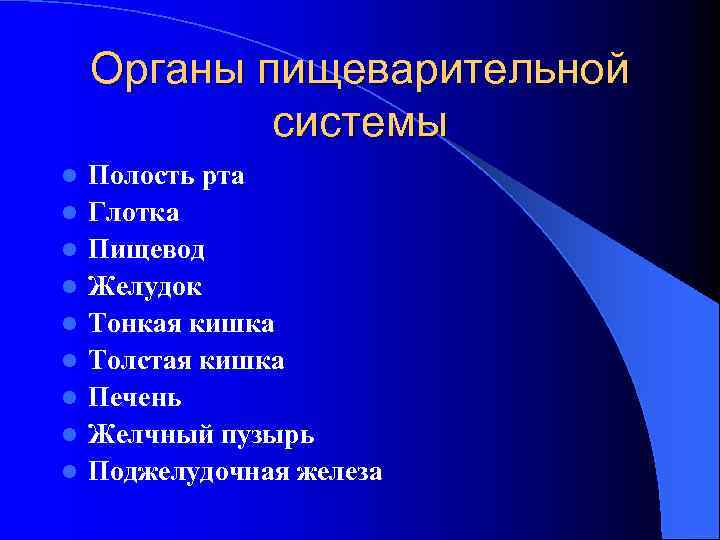 Органы пищеварительной системы l l l l l Полость рта Глотка Пищевод Желудок Тонкая
