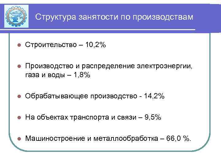 Структура занятости по производствам l Строительство – 10, 2% l Производство и распределение электроэнергии,