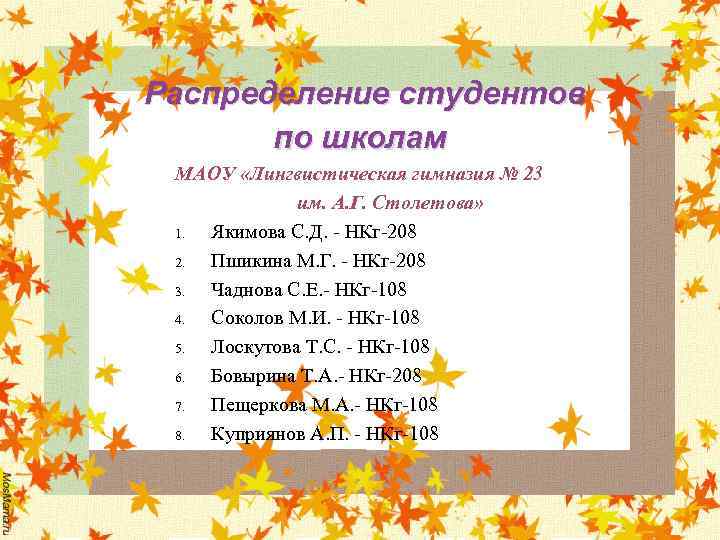Распределение студентов по школам МАОУ «Лингвистическая гимназия № 23 им. А. Г. Столетова» 1.