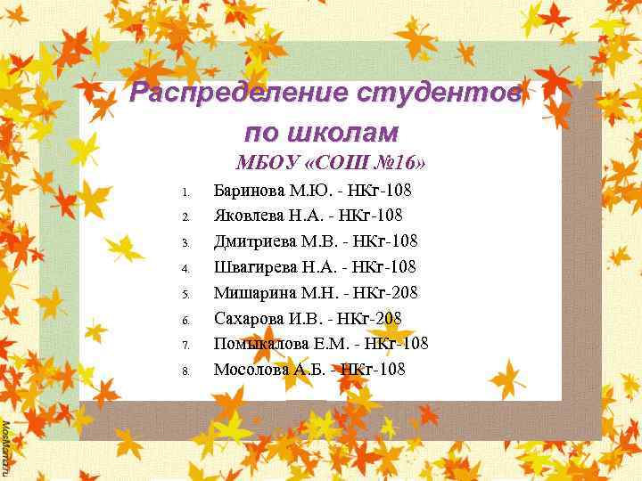 Распределение студентов по школам МБОУ «СОШ № 16» 1. 2. 3. 4. 5. 6.