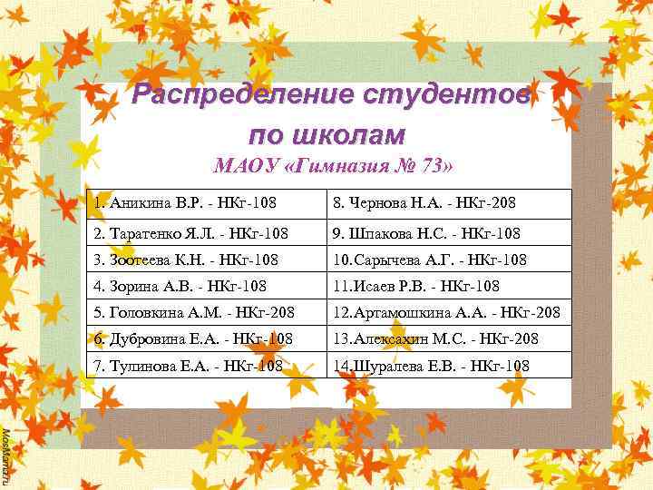 Распределение студентов по школам МАОУ «Гимназия № 73» 1. Аникина В. Р. - НКг-108