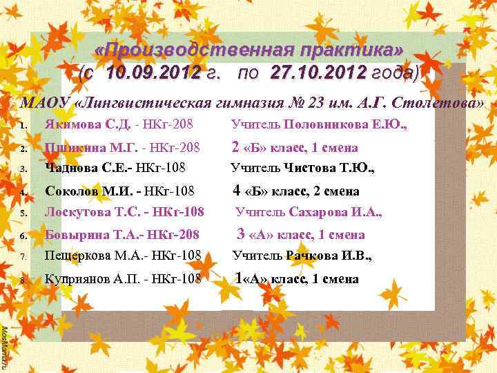  «Производственная практика» (с 10. 09. 2012 г. по 27. 10. 2012 года) МАОУ