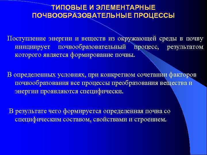 ТИПОВЫЕ И ЭЛЕМЕНТАРНЫЕ ПОЧВООБРАЗОВАТЕЛЬНЫЕ ПРОЦЕССЫ Поступление энергии и веществ из окружающей среды в почву