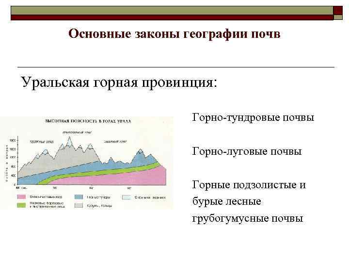 Основные законы географии почв Уральская горная провинция: Горно-тундровые почвы Горно-луговые почвы Горные подзолистые и