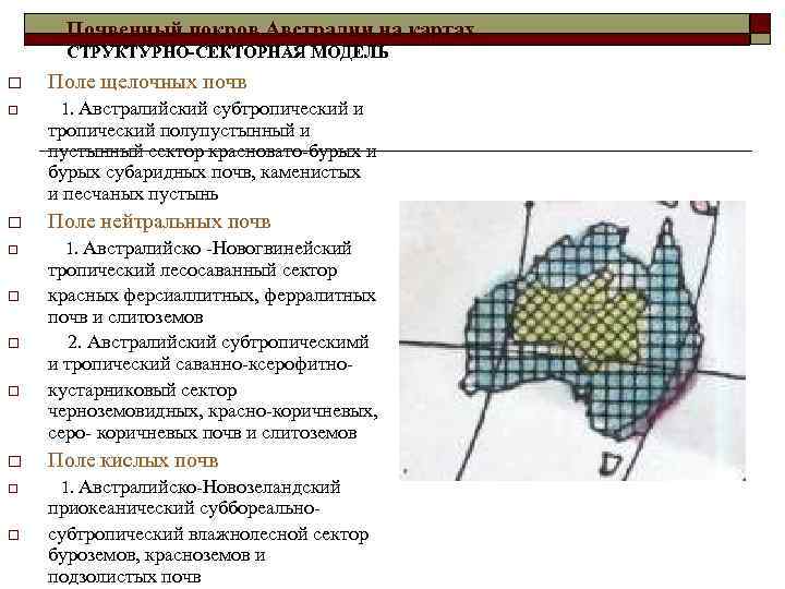 Почвенный покров Австралии на картах СТРУКТУРНО-СЕКТОРНАЯ МОДЕЛЬ o Поле щелочных почв o 1. Австралийский