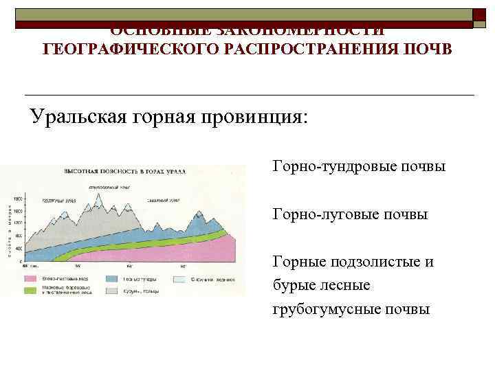 ОСНОВНЫЕ ЗАКОНОМЕРНОСТИ ГЕОГРАФИЧЕСКОГО РАСПРОСТРАНЕНИЯ ПОЧВ Уральская горная провинция: Горно-тундровые почвы Горно-луговые почвы Горные подзолистые