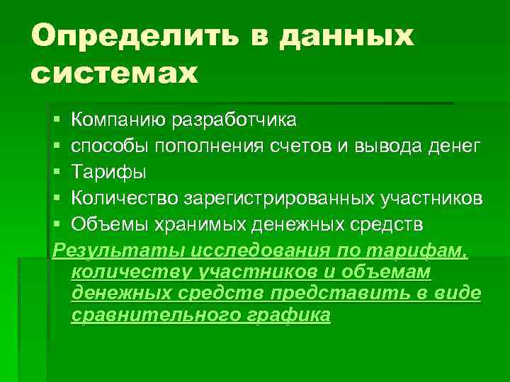Определить в данных системах § Компанию разработчика § способы пополнения счетов и вывода денег