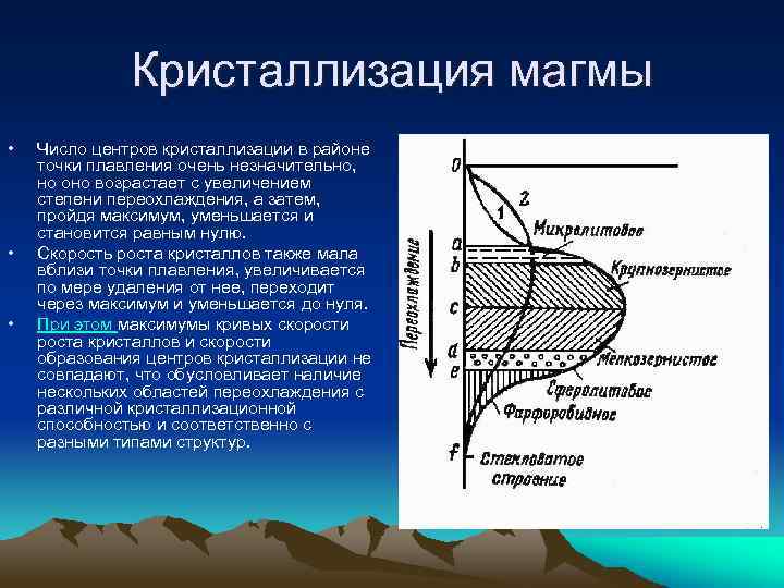 Кристаллизация магмы • • • Число центров кристаллизации в районе точки плавления очень незначительно,