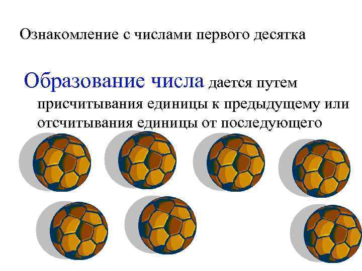Ознакомление с числами первого десятка Образование числа дается путем присчитывания единицы к предыдущему или