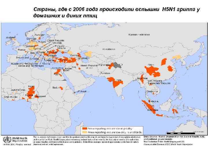Страны, где с 2006 года происходили вспышки H 5 N 1 гриппа у домашних
