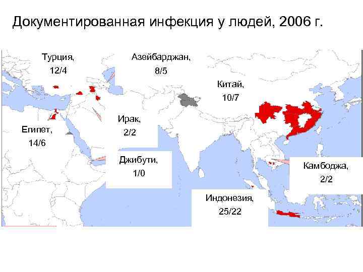Документированная инфекция у людей, 2006 г. Турция, Азейбарджан, 12/4 8/5 Китай, 10/7 Ирак, Египет,