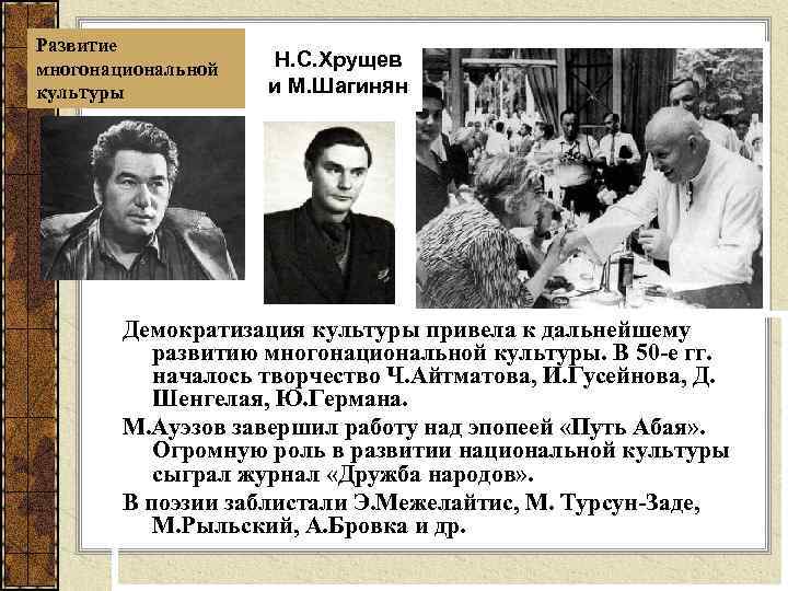 Развитие многонациональной культуры Н. С. Хрущев и М. Шагинян Демократизация культуры привела к дальнейшему