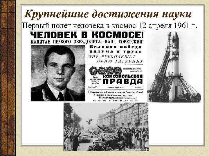 Крупнейшие достижения науки Первый полет человека в космос 12 апреля 1961 г. 
