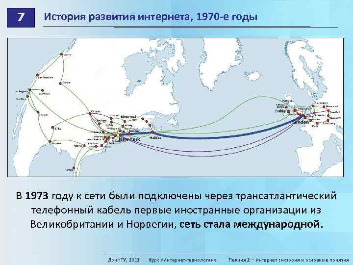 7 История развития интернета, 1970 -е годы В 1973 году к сети были подключены