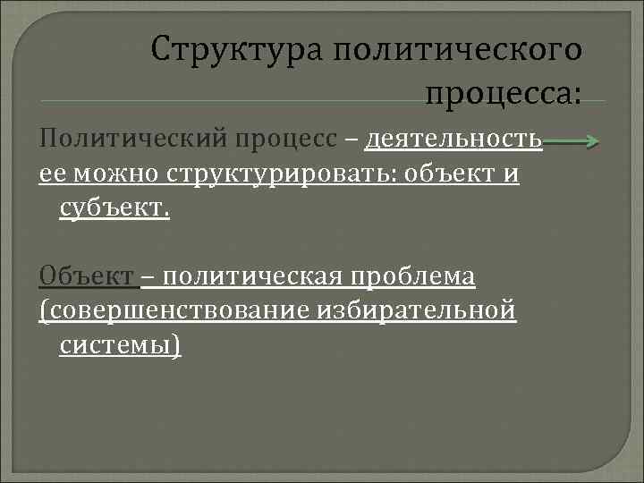 Структура политического процесса: Политический процесс – деятельность ее можно структурировать: объект и субъект. Объект