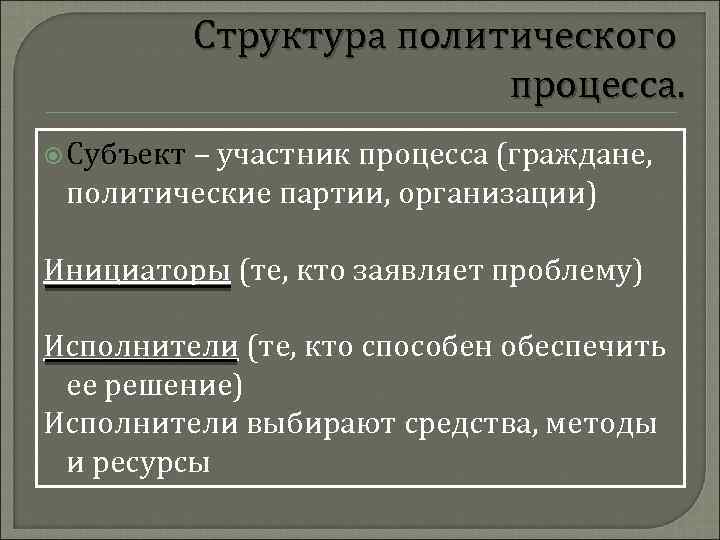 Структура политического процесса. Субъект – участник процесса (граждане, политические партии, организации) Инициаторы (те, кто