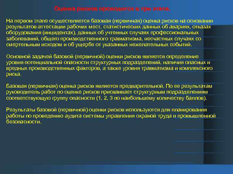 Оценка рисков проводится в три этапа. На первом этапе осуществляется базовая (первичная) оценка рисков
