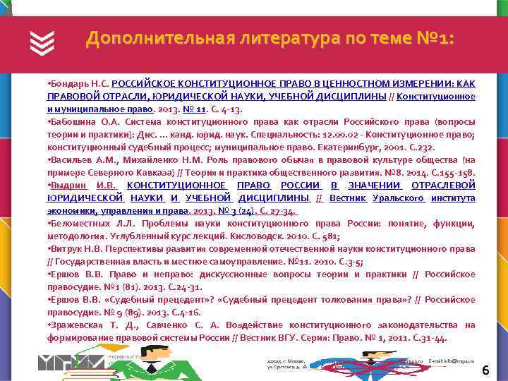 Дополнительная литература по теме № 1: • Бондарь Н. С. РОССИЙСКОЕ КОНСТИТУЦИОННОЕ ПРАВО В