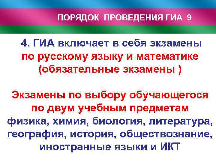 ПОРЯДОК ПРОВЕДЕНИЯ ГИА 9 4. ГИА включает в себя экзамены по русскому языку и