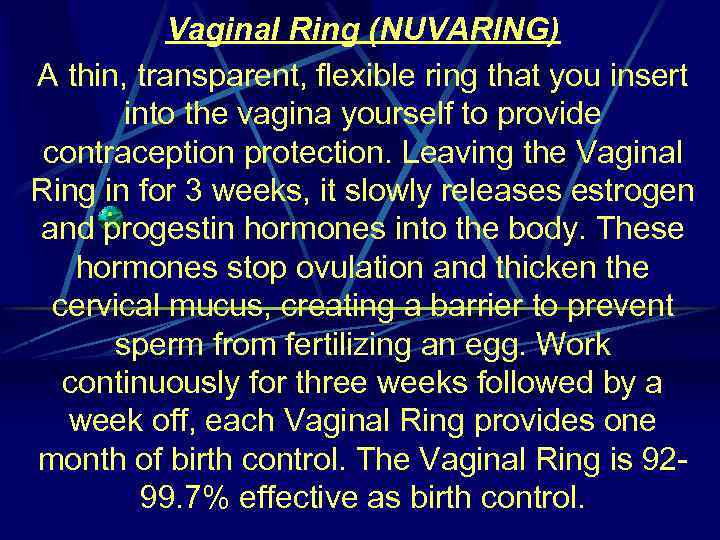 Vaginal Ring (NUVARING) A thin, transparent, flexible ring that you insert into the vagina