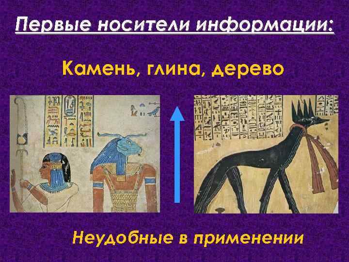 Первые носители информации: Камень, глина, дерево Неудобные в применении 