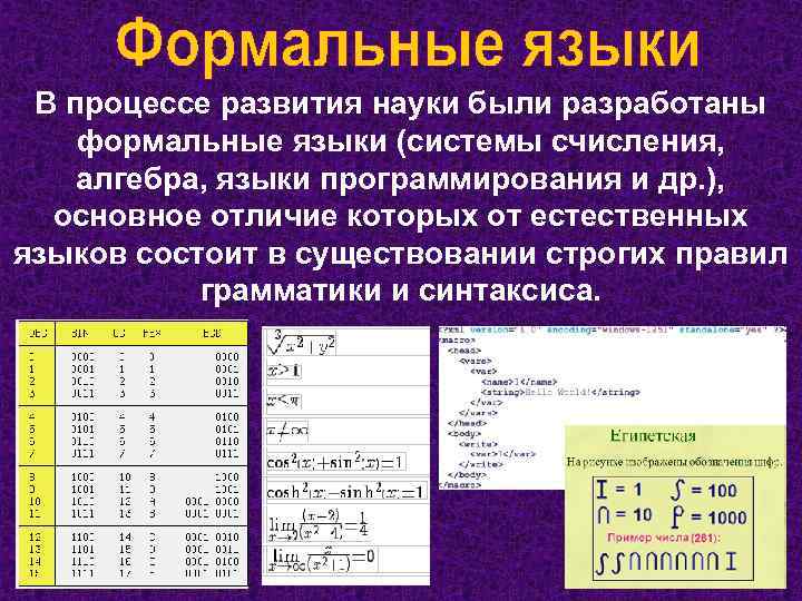 В процессе развития науки были разработаны формальные языки (системы счисления, алгебра, языки программирования и