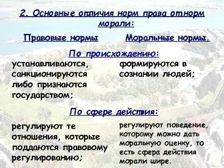 2. Основные отличия норм права от норм морали: Правовые нормы Моральные нормы. По происхождению: