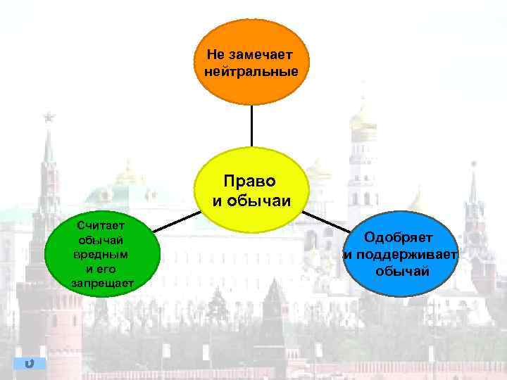 Не замечает нейтральные Право и обычаи Считает обычай вредным и его запрещает Одобряет и