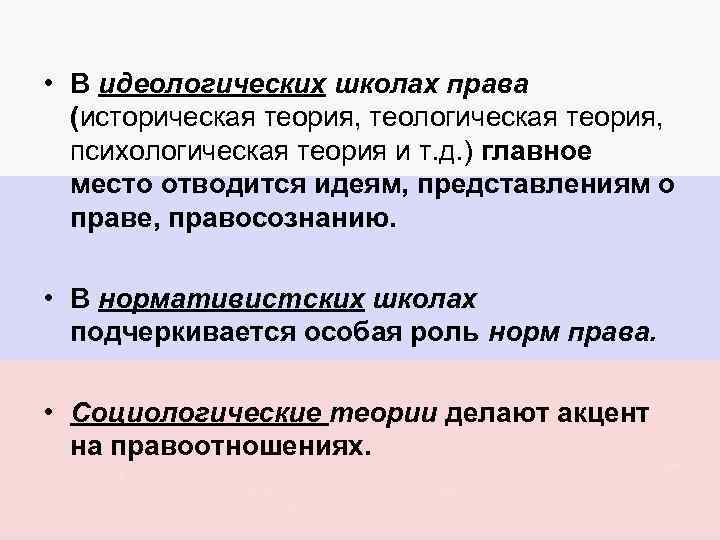 • В идеологических школах права (историческая теория, теологическая теория, психологическая теория и т.