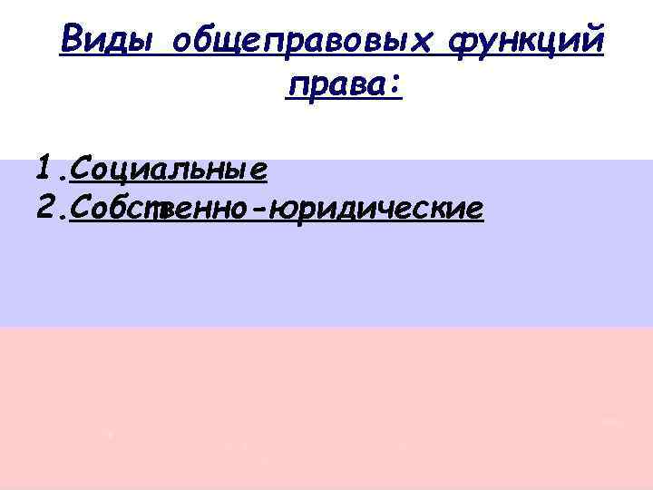 Виды общеправовых функций права: 1. Социальные 2. Собственно-юридические 