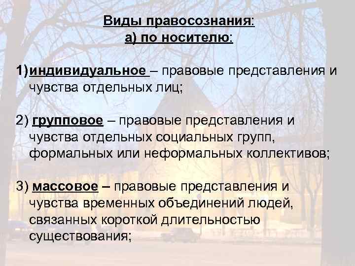 Виды правосознания: а) по носителю: 1) индивидуальное – правовые представления и чувства отдельных лиц;